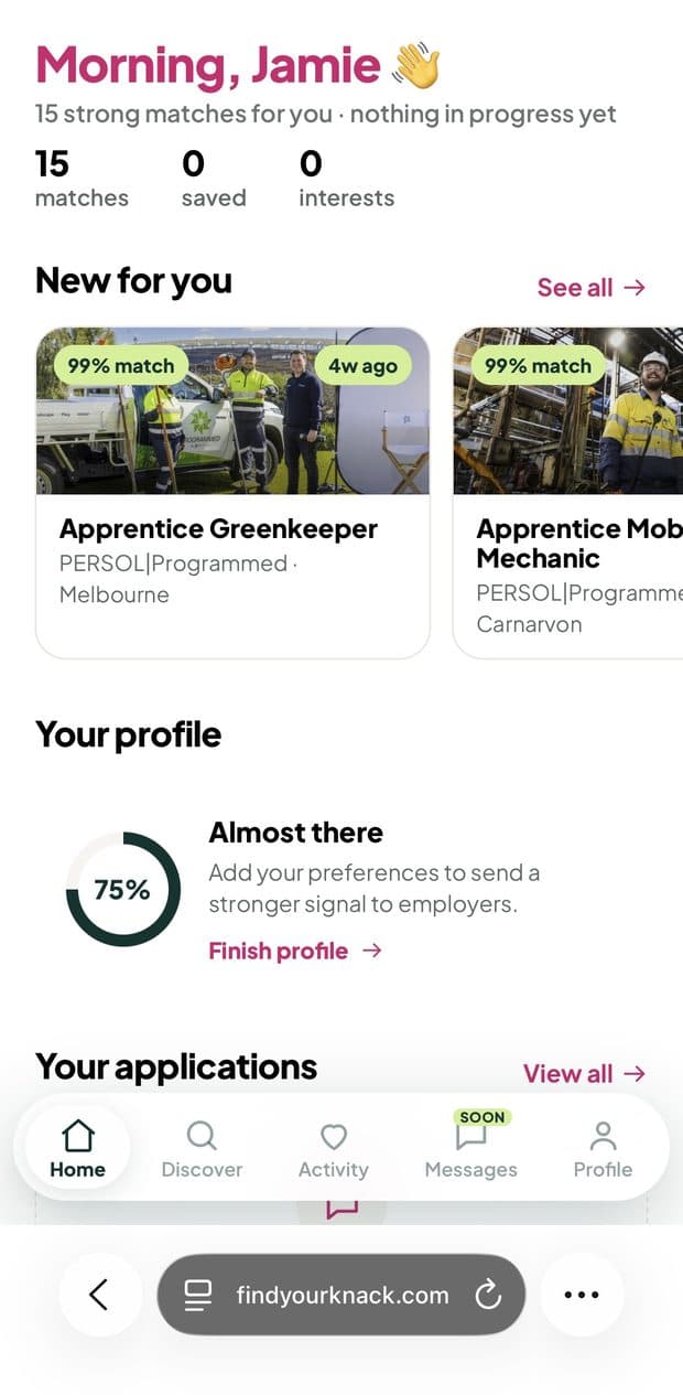 The Knack home screen for a signed-in candidate: a personal greeting, a count of strong matches, and a New for you row of matched apprenticeship cards.